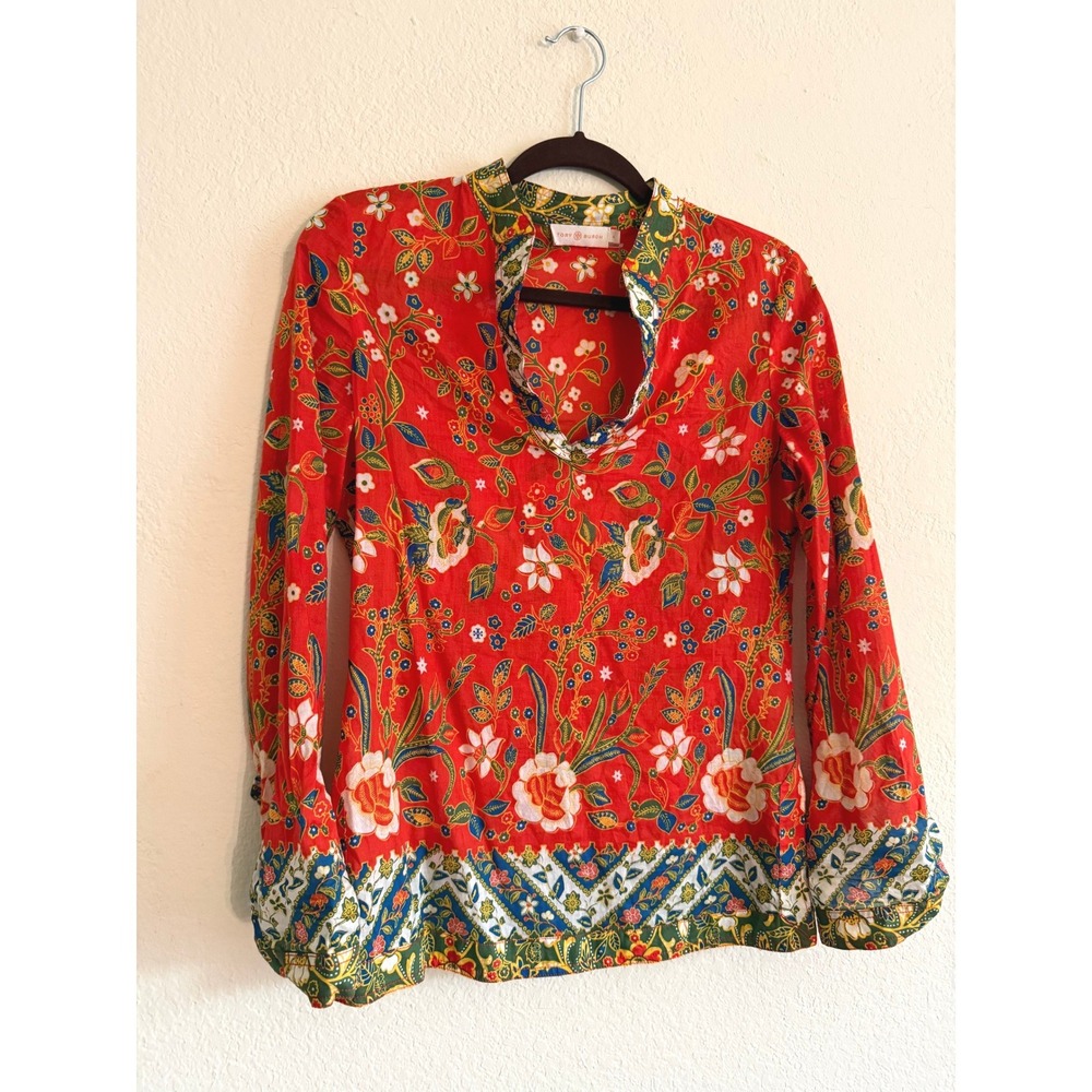 Tory Burch Stephanie Floral Samba Batik Flower Red Tunic Top size 4 Bohemian